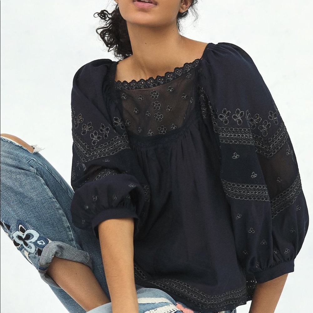 Jaslyn Embroidered Lace Blouse, Navy, M